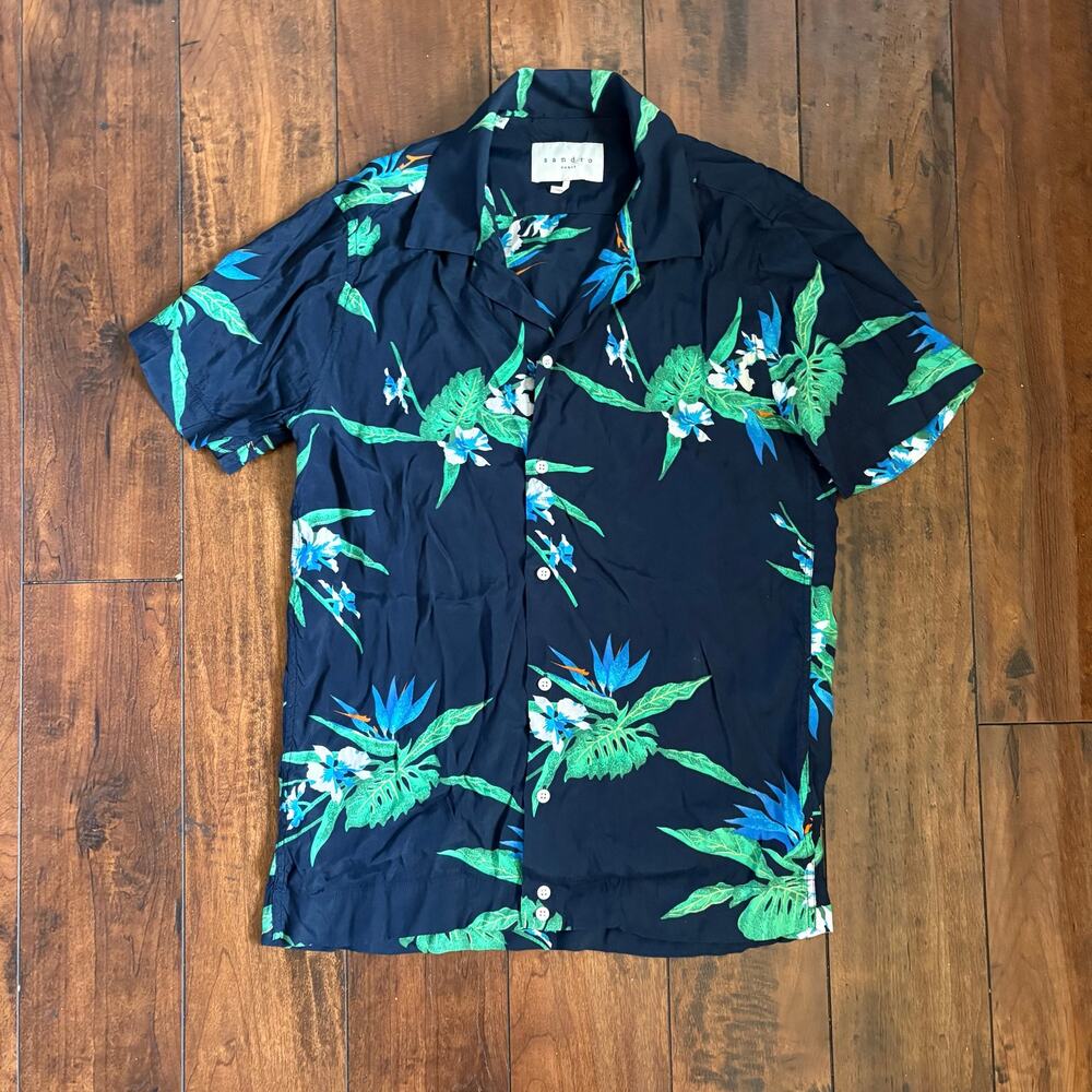 Sandro Paris Duke Hawaiian Shirt Mens S Navy Blue Floral Resortwear 100% Viscose